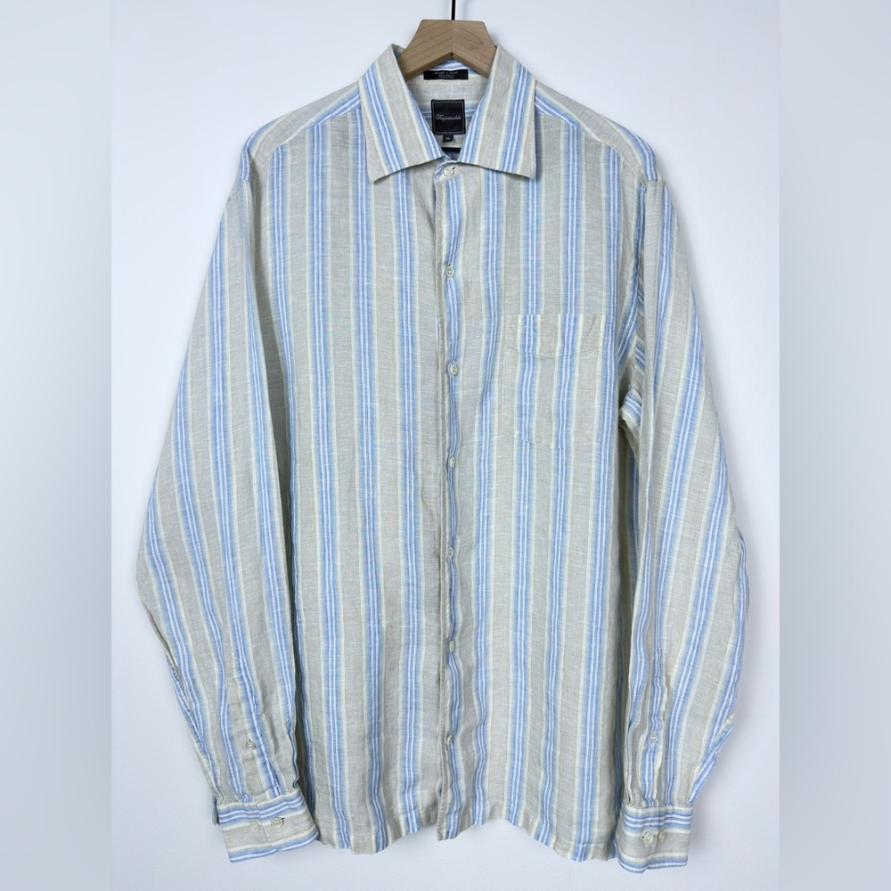 Faconnable Linen Shirt XL Blue Beige Striped Made in Italy